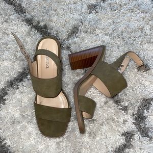 LIGHTLY WORN 6 1/2 HEELS. Olive green